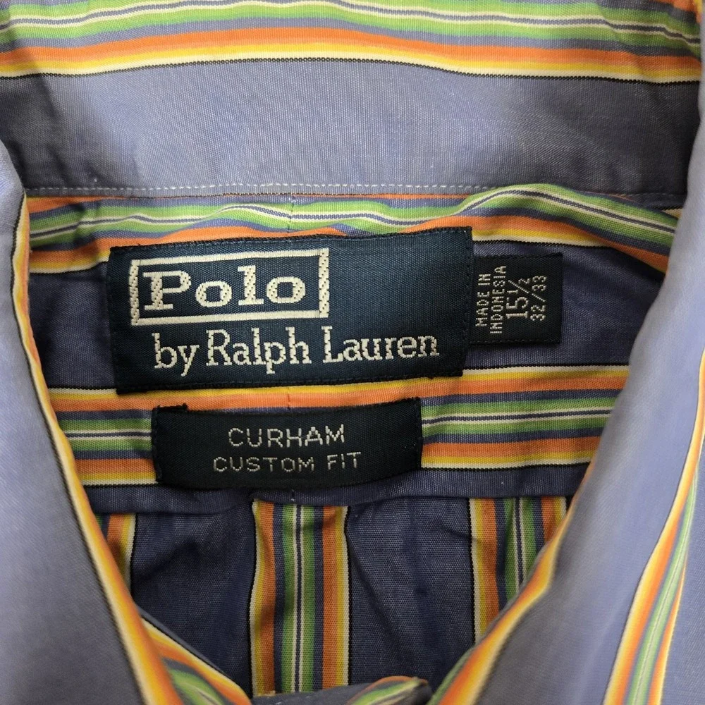 Polo Ralph Lauren CURHAM Shirt Men 15.5 32/33 Blue Stripe Button Down Custom Fit